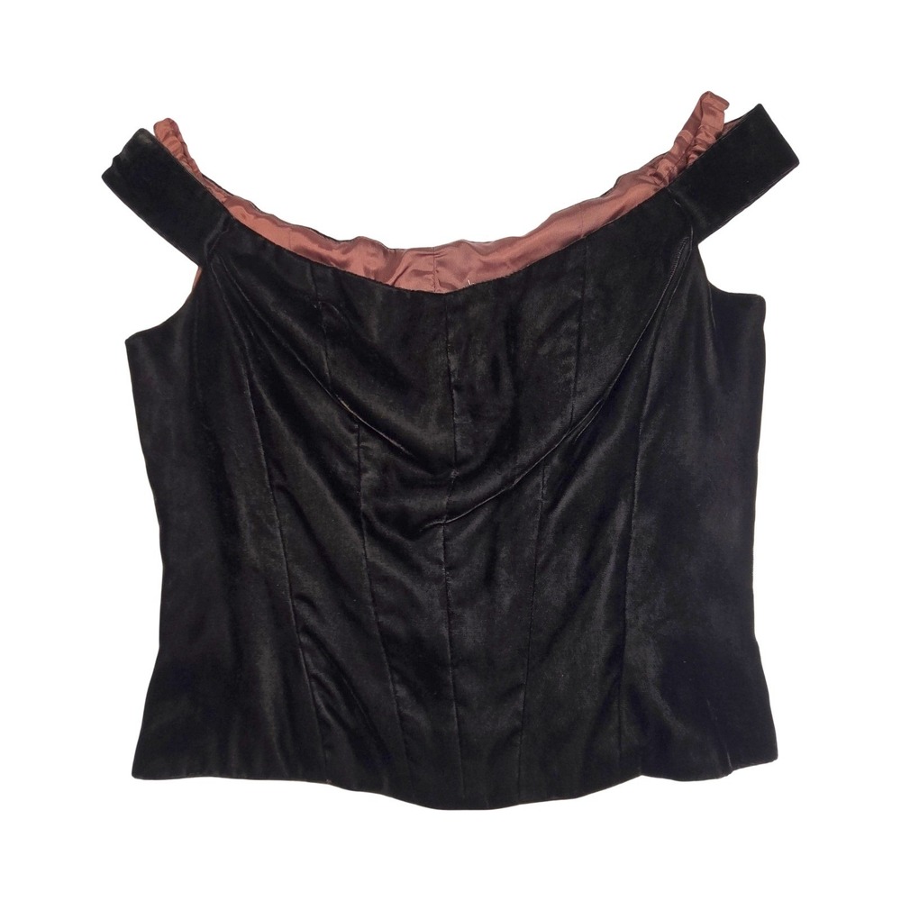 Vintage 80s 90s Dessy Creations Black Red Velvet Off Shoulder Corset Top USA